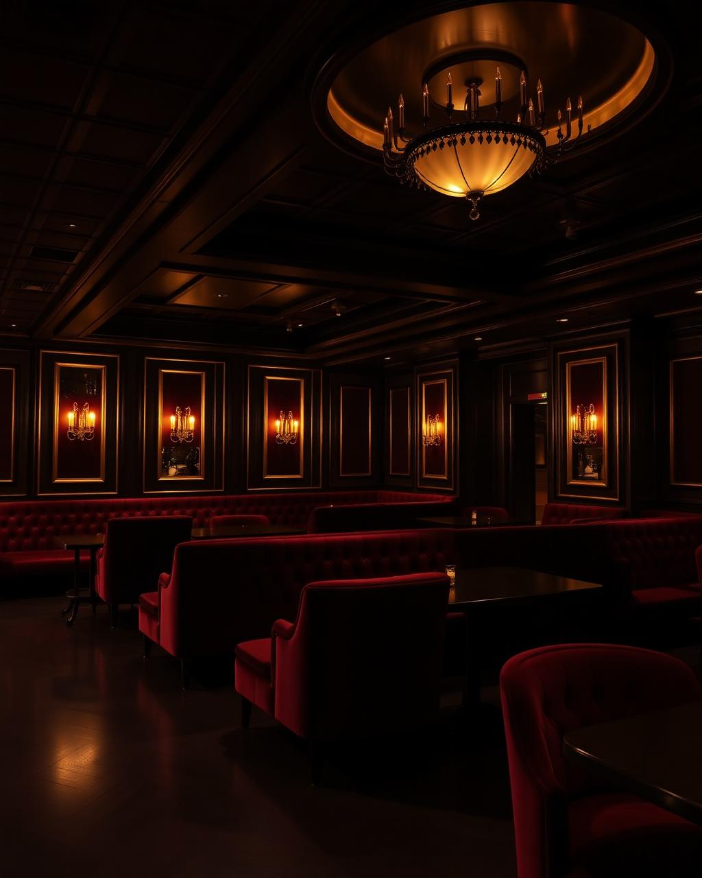 The main lounge, oxblood booths under low brass light