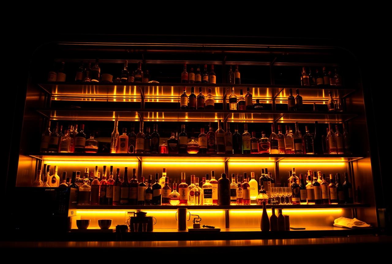 The back bar, lit bottle shelving